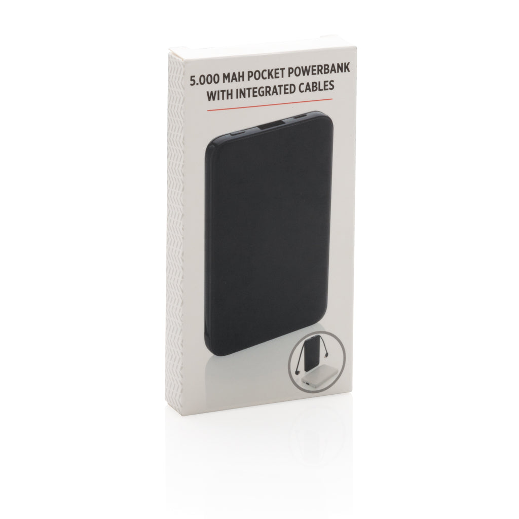 5.000 mAh zakformaat powerbank met geïntegreerde kabels