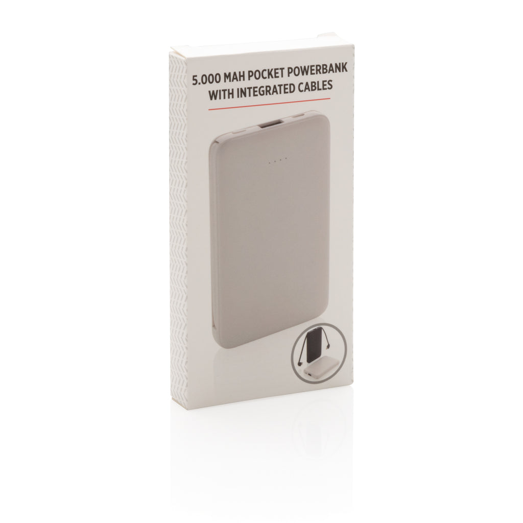 5.000 mAh zakformaat powerbank met geïntegreerde kabels