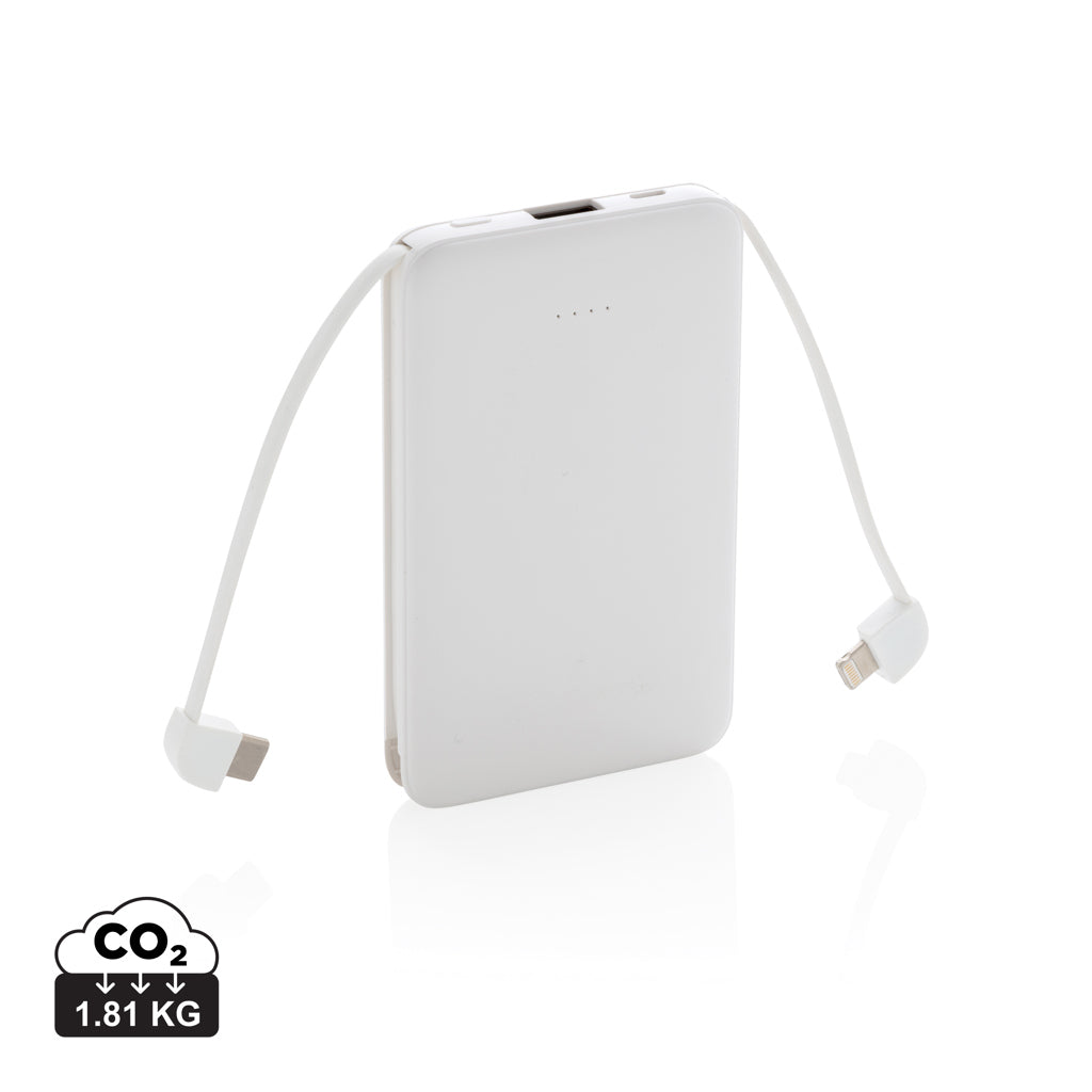5.000 mAh zakformaat powerbank met geïntegreerde kabels