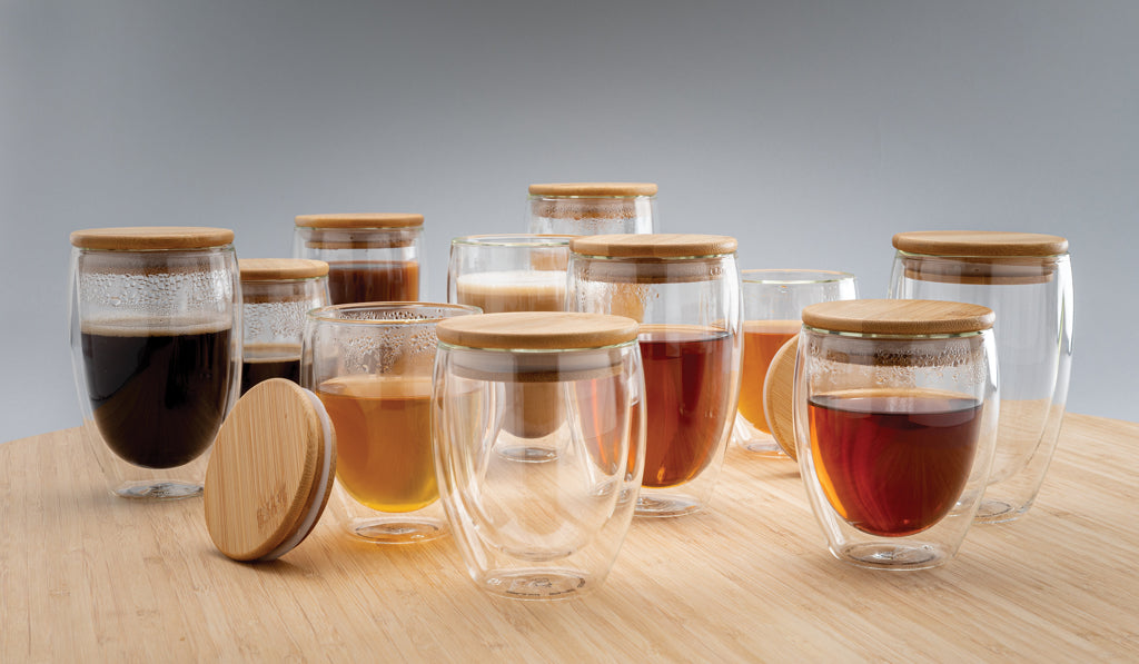Dubbelwandig borosilicaatglas met bamboe deksel 250ml set