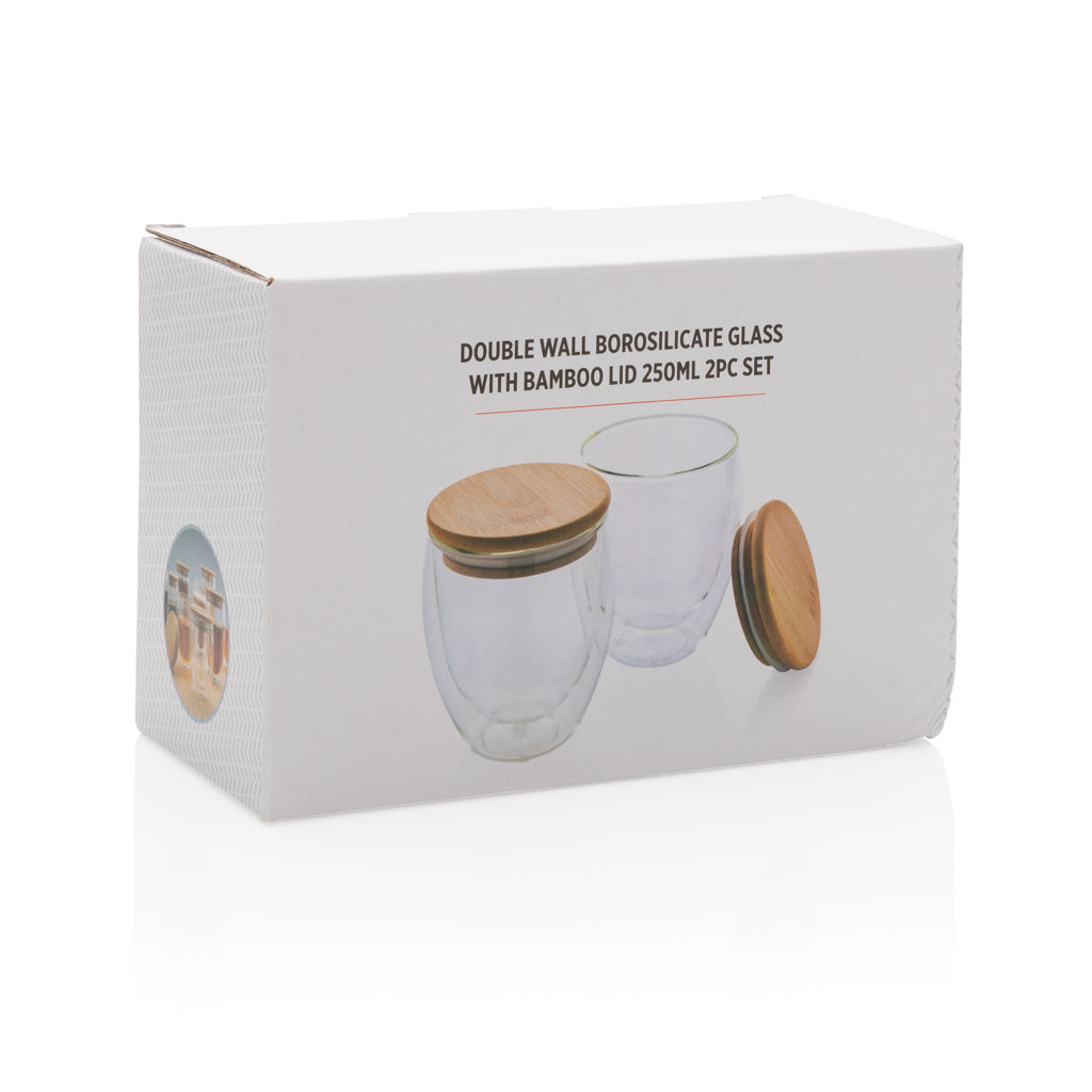 Dubbelwandig borosilicaatglas met bamboe deksel 250ml set