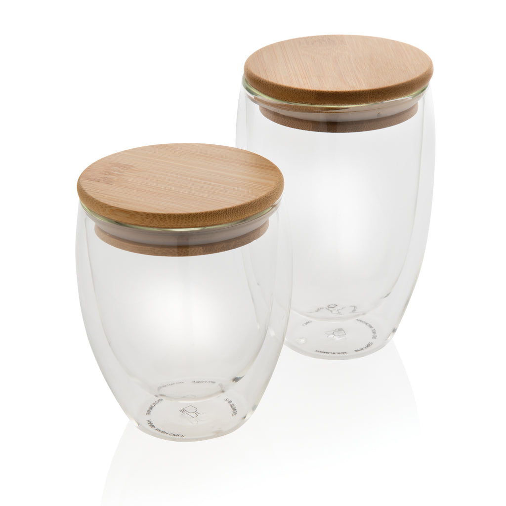 Dubbelwandig borosilicaatglas met bamboe deksel 350ml set