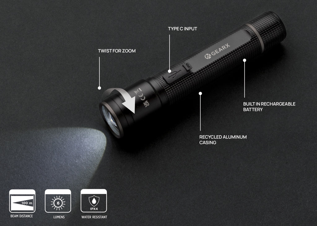 Gear X RCS gerecycled aluminium USB-oplaadbare zaklamp